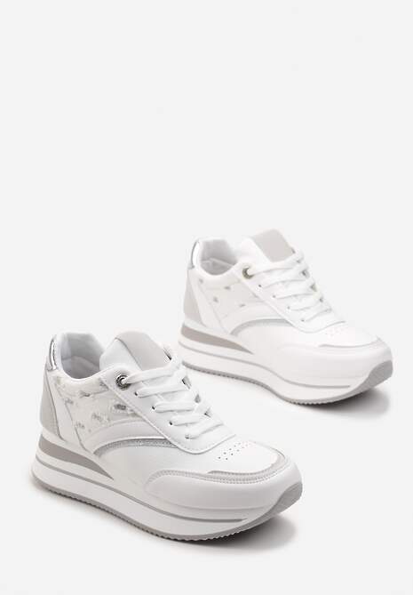 Sneakers Albi-Argintii cu Șiret din Piele Ecologică cu Inserții Strălucitoare Fiviara 4