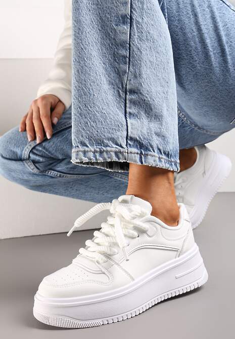 Białe Sznurowane Sneakersy na Platformie z Metalicznymi Wstawkami Arileva