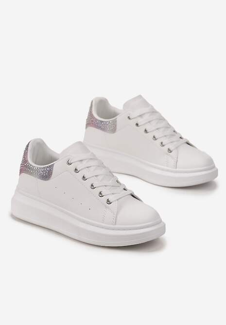 Sneakers Albi cu Inserție cu Sclipici și Pietre pe Talpă Groasă Mimivi 4