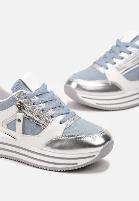 Niebieskie Brokatowe Sneakersy na Grubej Podeszwie ze Sznurowaniem i Suwakiem Irollia 5