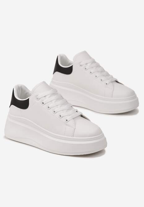 Biało-Czarne Sznurowane Sneakersy na Niskiej Platformie z Imitacji Skóry Ajanfa 4