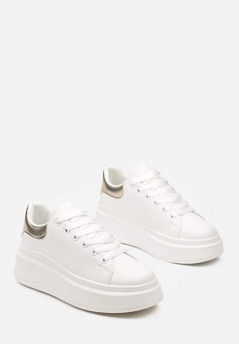 Biało-Złote Sznurowane Sneakersy na Niskiej Platformie z Imitacji Skóry Ajanfa 4