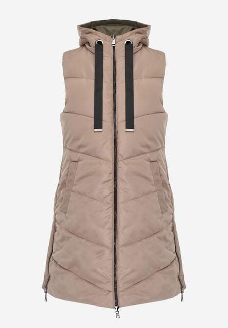Vestă lungă bej matlasată reversibilă cu șnururi la glugă Frenila 6