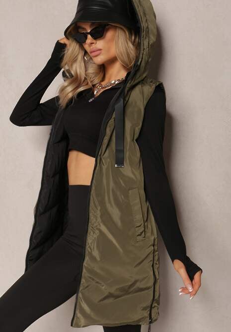 Czarna Długa Kamizelka Pikowana Dwustronna ze Sznurkami przy Kapturze Frenila