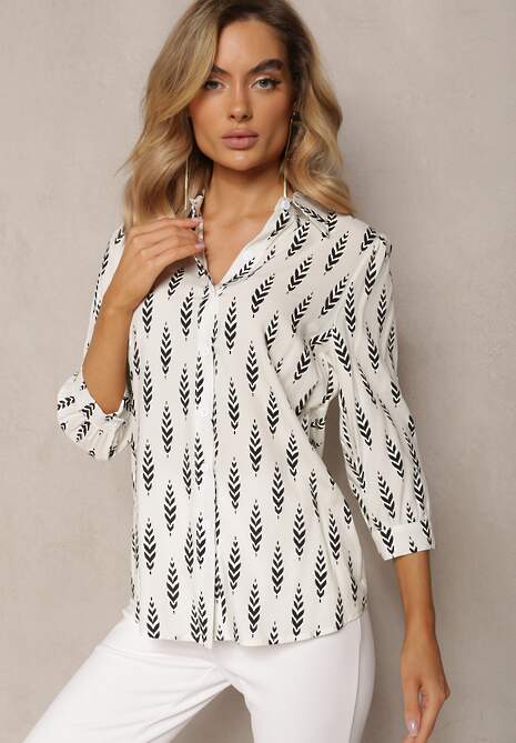Biała Koszula z Wiskozy z Podwijanymi Rękawami i Motywem Liści Cramia 4