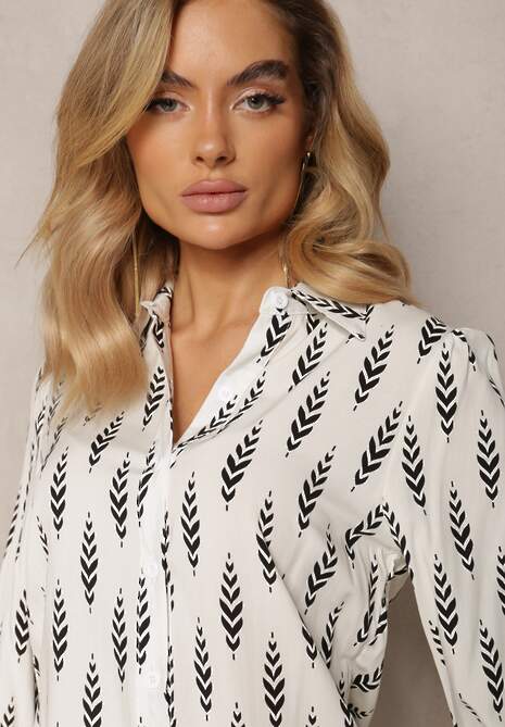 Biała Koszula z Wiskozy z Podwijanymi Rękawami i Motywem Liści Cramia 5