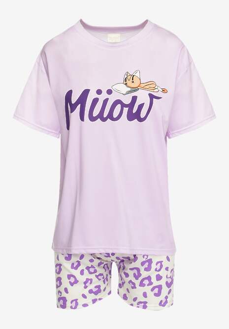Fioletowy Komplet Piżamowy T-shirt z Nadrukiem i Proste Spodnie w Cętki i Szorty Nirelsa 6