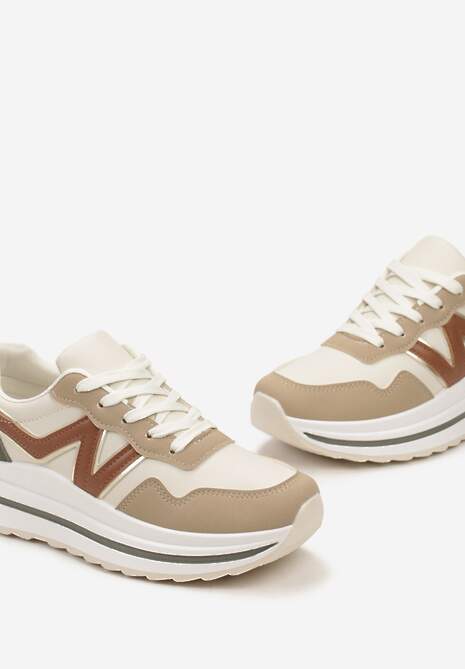 Ciemnobeżowe Sznurowane Sneakersy z Ekoskóry na Grubej Podeszwie Literna 5