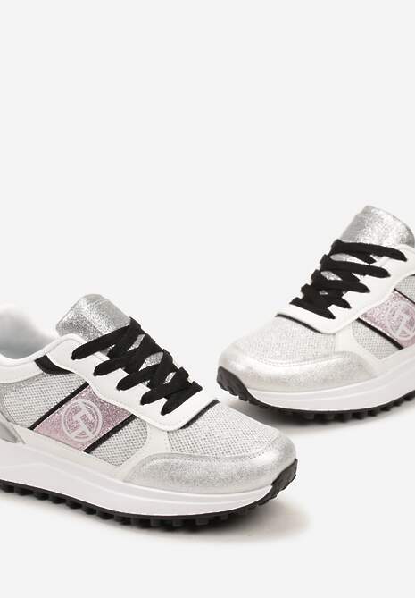 Sneakers Argintii cu Șireturi Sclipici și Plasă pe Talpă Groasă Leviria 5