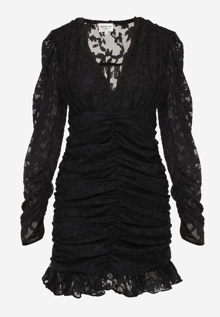 Czarna Dopasowana Sukienka Mini z Drapowaniem i Wzorem na Siateczce Welisia 6