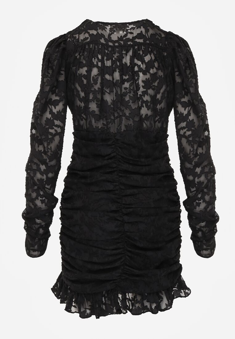 Czarna Dopasowana Sukienka Mini z Drapowaniem i Wzorem na Siateczce Welisia 7