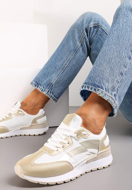 Biało-Złote Sznurowane Sneakersy z Materiałowymi Wstawkami Aneril