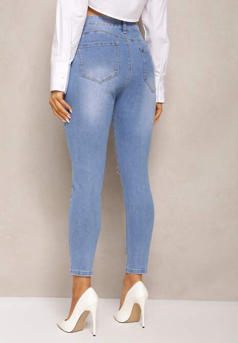 Niebieskie Jeansy o Fasonie Skinny Push Up z Przedarciami Fanfa 4