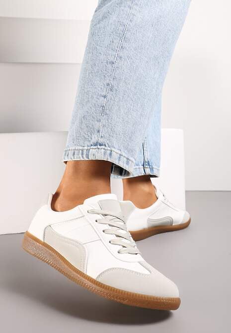 Biało-Szare Sneakersy z Ozdobnymi Przeszyciami przed Kostkę Redala