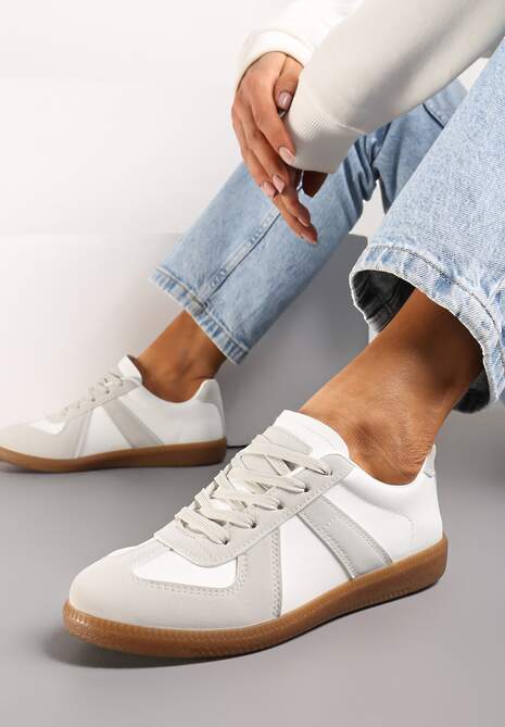 Szaro-Białe Sznurowane Sneakersy z Imitacji Skóry na Płaskiej Podeszwie Glezoma