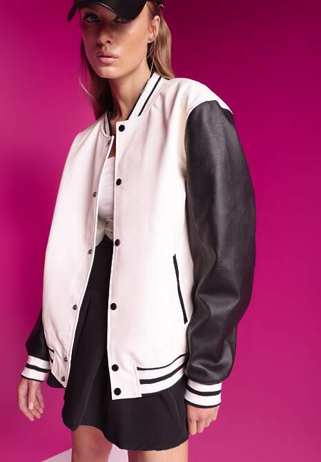 Czarno-Beżowa Bomberka Kurtka ze Wstawkami z Ekoskóry na Rękawach Vaniel 6