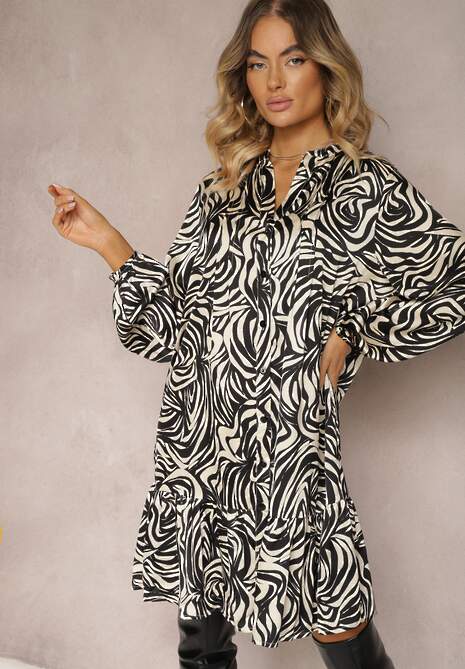 Rochie Mini Neagră și Bej Stil Cămașă Cu Volane și Imprimeu Decorativ Bevina 4