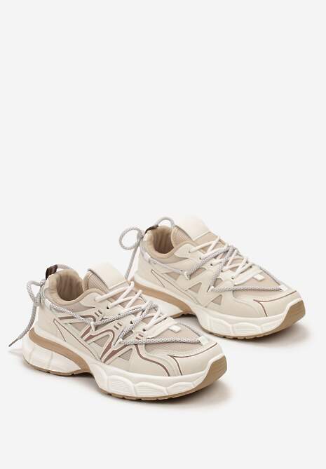 Beżowe Sneakersy z Siateczką na Podeszwie z Wycięciami i Ozdobnym Wiązaniem Dorila 4