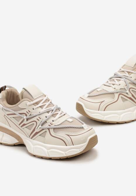 Beżowe Sneakersy z Siateczką na Podeszwie z Wycięciami i Ozdobnym Wiązaniem Dorila 5