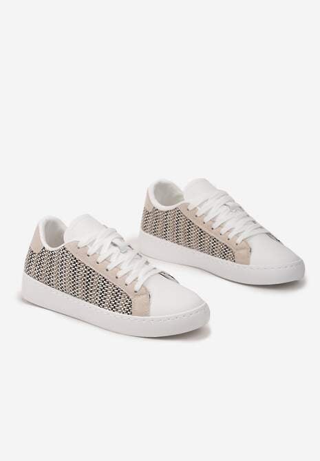 Beżowe Sznurowane Sneakersy z Materiałową Wstawką i Okrągłym Noskiem Bowlie 4