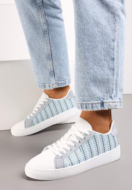 Biało-Niebieskie Sznurowane Sneakersy z Materiałową Wstawką i Okrągłym Noskiem Bowlie