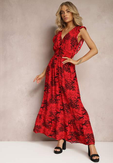 Czerwona Rozkloszowana Sukienka z Wiskozy Maxi z Kopertowym Dekoltem Luksia