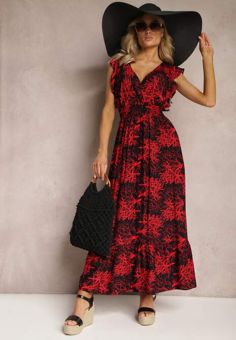 Czarno-Czerwona Rozkloszowana Sukienka z Wiskozy Maxi z Kopertowym Dekoltem Luksia
