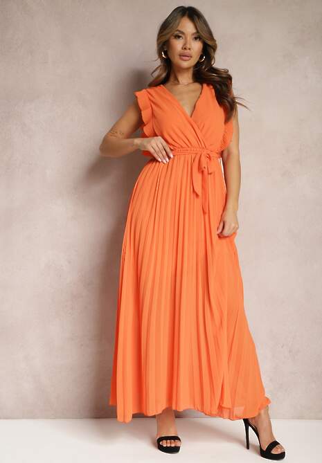 Pomarańczowa Wiskozowa Sukienka Maxi z Plisowaniem o Rozkloszowanym Kroju i Kopertowym Dekolcie Fliceris
