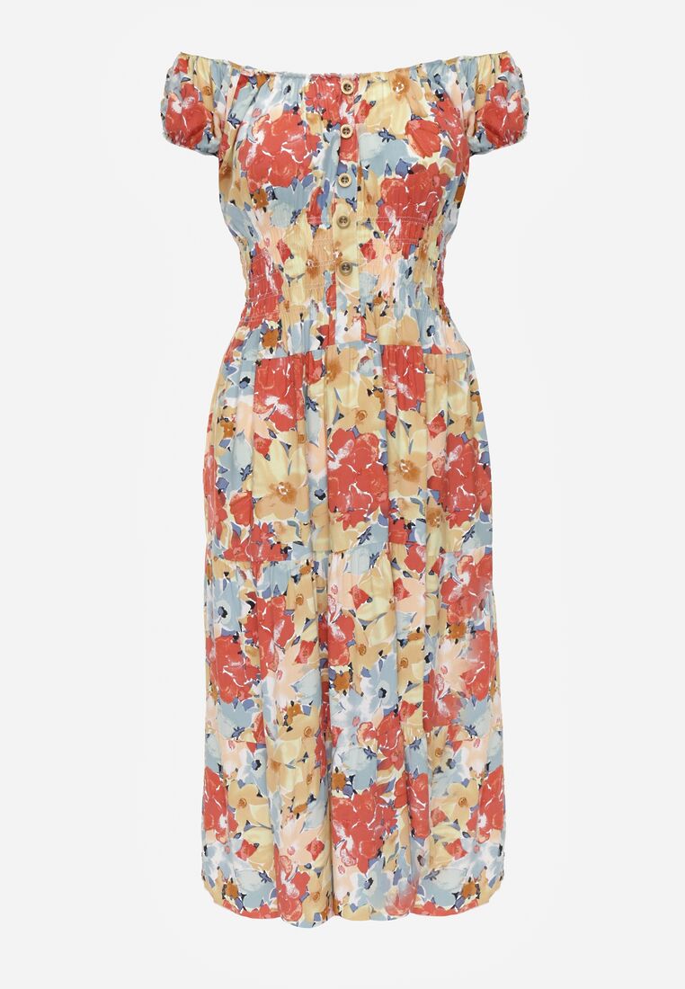 Różowo-Beżowa Sukienka Midi z Krótkim Rękawem z Wiskozy w Kwiaty Emena 6