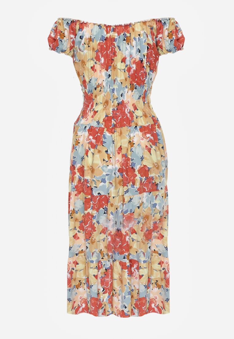 Różowo-Beżowa Sukienka Midi z Krótkim Rękawem z Wiskozy w Kwiaty Emena 7