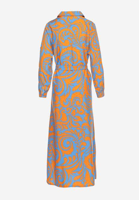 Rochie Cămașă Maxi Albastru-Portocaliu cu Imprimeu Abstract Lirans și Curea din Material 7
