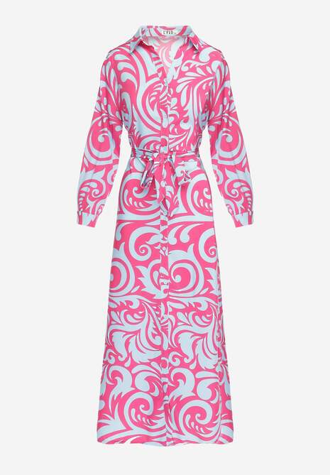 Fuksjowo-Niebieska Sukienka Koszulowa Maxi z Materiałowym Paskiem w Abstrakcyjny Print Lirans 6