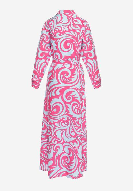 Fuksjowo-Niebieska Sukienka Koszulowa Maxi z Materiałowym Paskiem w Abstrakcyjny Print Lirans 7