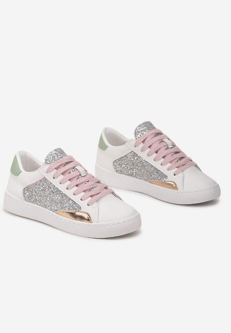Sneakers Albi-Argintii cu Talpă Plată cu Inserții Decorative și Sclipici Jivina 4