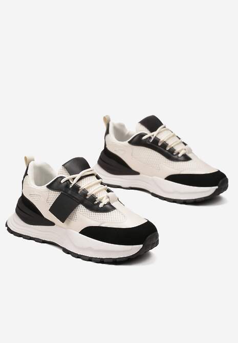 Beżowo-Czarne Sneakersy z Elastycznym Sznurowaniem i Siateczką Lenivla 4
