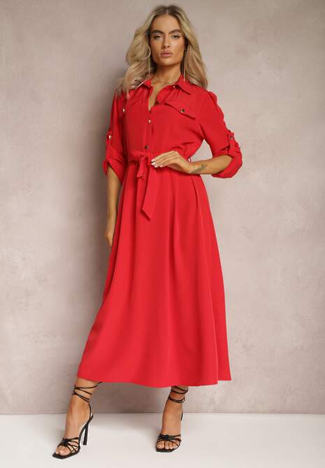Czerwona Długa Sukienka z Rozkloszowanym Dołem i Koszulową Górą Kitesi
