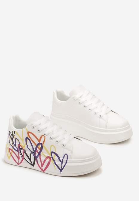 Białe Sneakersy z Nadrukiem w Serca na Grubej Podeszwie Kirnalsa 4