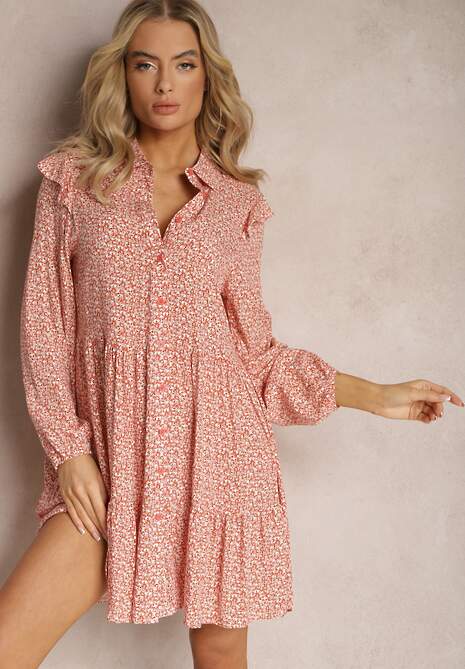 Rochie Roz Mini Cloș cu Imprimeu Floral și Volane Limrena 5
