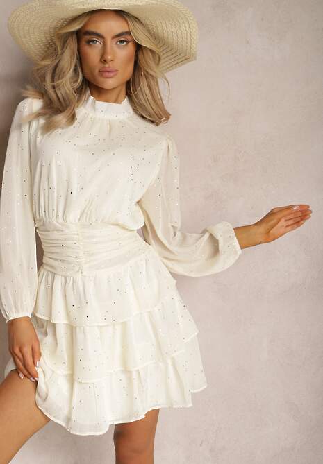 Rochie de Cocktail Bej Deschis cu Volane și Imprimeu Strălucitor Merrinda 4