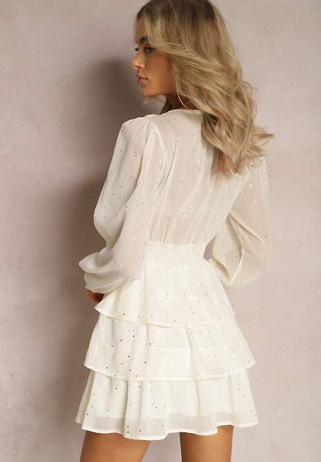 Rochie mini evazată bej deschis cu imprimeu metalic și volane Enrilea 6