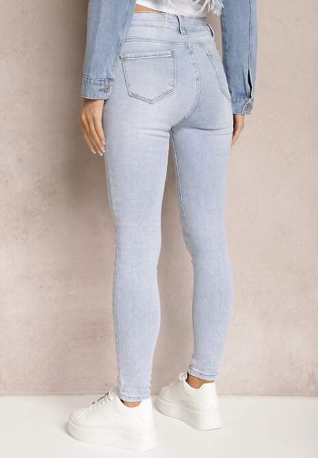 Jasnoniebieskie Jeansy Skinny z Regularną Talią i Przetarciami Semena 4