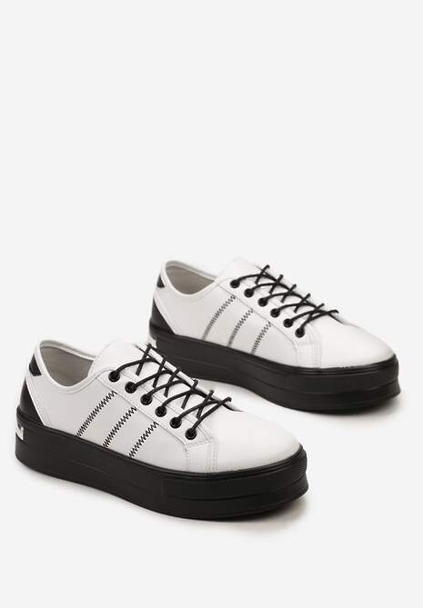 Sneakers Albi-Negri cu Siret din Piele Naturală cu Cusături și Inserție Metalică Klefamia 4