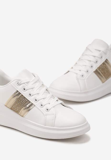 Sneakers Albi-Aurii cu Inserții Metalice și Pietre pe Talpă Groasă Wirela 5
