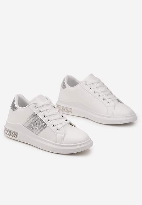 Sneakers Alb-Argintii cu Inserții Metalice și Pietre pe Talpă Groasă Wirela 4