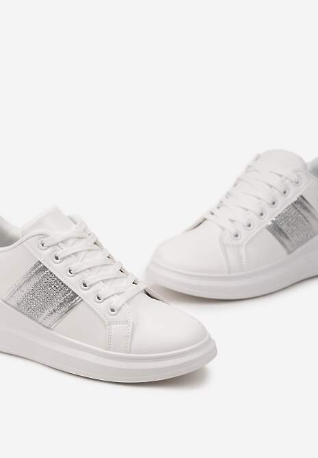 Sneakers Alb-Argintii cu Inserții Metalice și Pietre pe Talpă Groasă Wirela 5