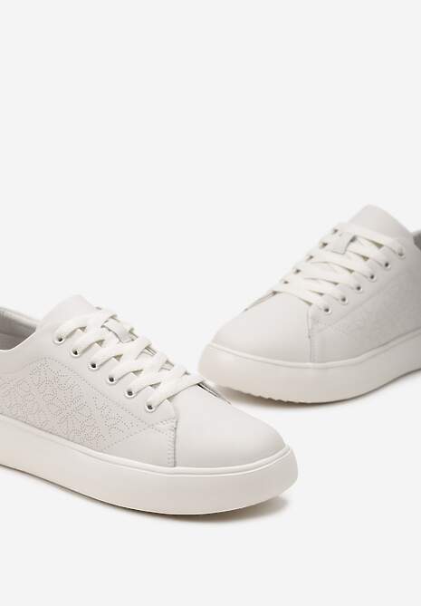 Beżowe Sznurowane Sneakersy ze Skórzaną Wkładką Zdobione Kwiatową Perforacją Lerrina 5