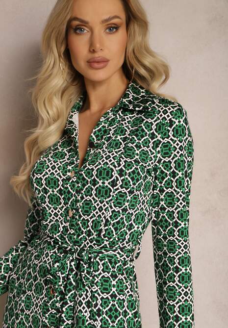 Rochie Verde Maxi Cu Croi Cambrat Cu Curea Cu Model Geometric Perani 5