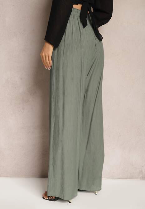 Pantaloni largi din viscoză verde închis cu elastic și șnur în talie Tarallia 5