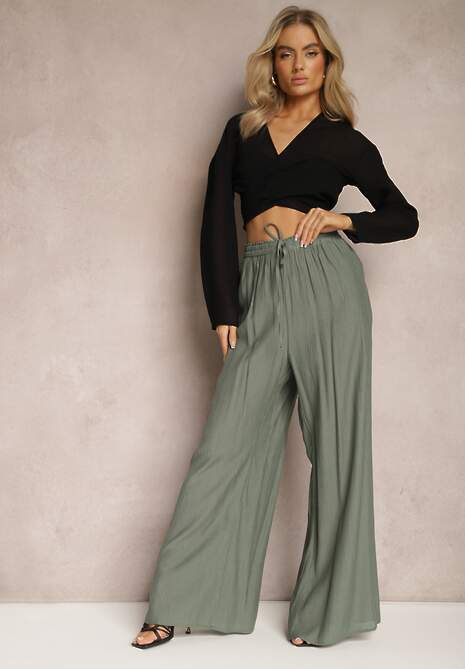 Pantaloni largi din viscoză verde închis cu elastic și șnur în talie Tarallia 4