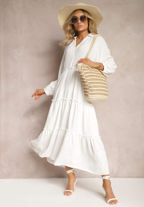 Biała Długa Sukienka z Koszulową Górą i Rozkloszowanym Odcinanym Dołem Iremita